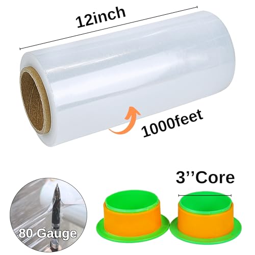 2 Pack Clear Stretch Film Industrial Strength 12'' x 1000 feet 80 Gauge with Plastic Handle, Clear Wrapping Shrink, Durable Self-Adhering Plastic Wrap for Moving, Shipping CHUANGSEED - color: Clear, size: 2 Pack