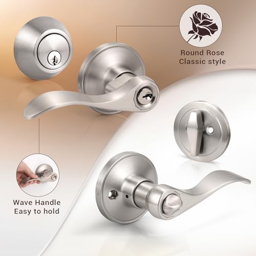 Knobonly 3 Sets of Front Exterior Door Knob Set with Single Cylinder Deadbolts in Satin Nickel Finish, All Keyed Same Combo Pack, Wave Style Entry Door Lever Locks with Combinations - color: Satin Nickel, size: 3 Pack, style: Single Cylinder