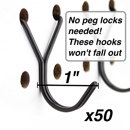 Steel Pegboard Hooks 50-Pack 1in J-Hook, Black - Will Not Fall Out - Fits Any Peg Board - Multipurpose - Organize Necklaces, Jewelry, Retail Items, Keys, Craft or Supplies - color: Black, size: 1” - 50Pack