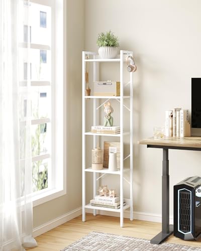 Hzuaneri Bookshelf, Book Shelf, Industrial Bookcase with 2 Hooks - color: White, size: 9.4"D x 15.7"W x 63"H