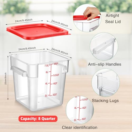 Suclain 2 Pcs Square Food Storage Container Polycarbonate Clear Food Container with Lid Commercial Rice Storage with Graduations for Commercial Kitchen(8 Qt,Red) - color: Red, size: 8 Qt