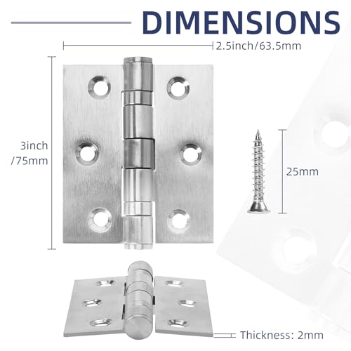 6 Pack Ball Bearing Door Hinges with Square Corners, 3 x 2.5 Inch Heavy Duty Stainless Steel Hinges with Screws for Exterior & Interior Doors, Brushed Nickel - color: Brushed Nickel, size: 3.0 inch X 2.5 inch