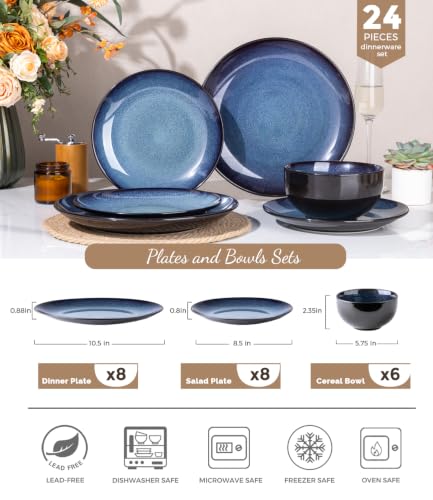 LeRatio Ceramic Dinnerware Sets for 8,24Pcs Porcelain Plates and Bowls Set - color: Dreamy Moonlight-Blue, size: Service for 8-24pcs