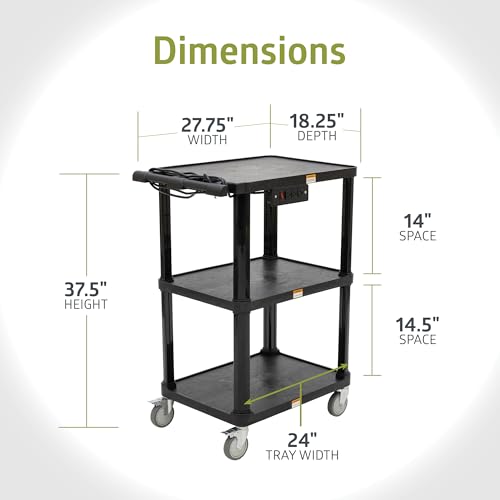 Pearington 3-Shelf Mobile Utility Cart with 3 Outlets and 8' Cord, Heavy-Duty Service Cart for Offices and Warehouses with 3 Shelves, Black, 2 Pack - size: 2 Pack