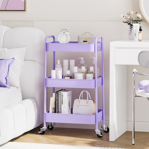 TOOLF 3 Tier Metal Rolling Cart, Utility Storage Cart with Wheels, Purple - color: Purple, size: 3-Tier