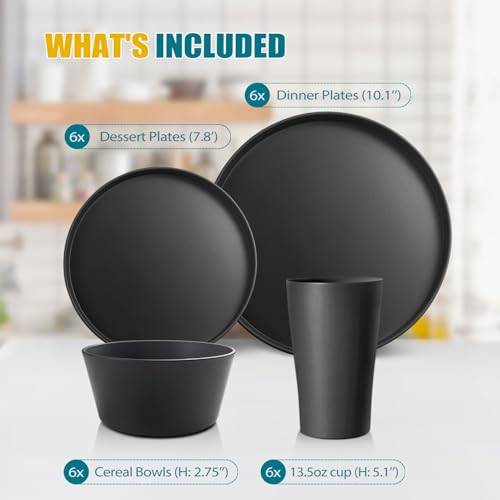 Teivio 24-Piece Kitchen Plastic Coupe Wheat Straw Dinnerware Set, Service for 6, Dinner Plates, Dessert Plate, Cereal Bowls, Cups, Unbreakable Unique Plastic Outdoor Camping RV Dishes, Black - color: Deep Black
