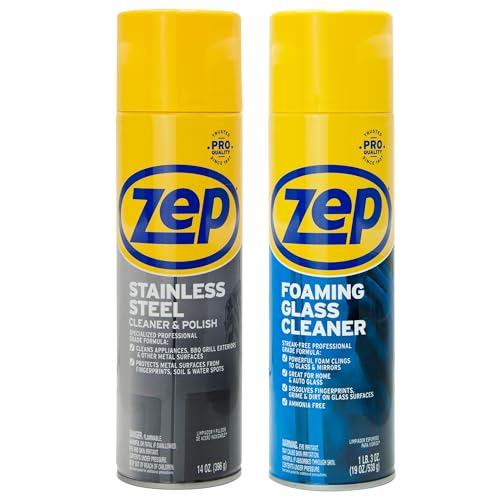 Zep Stainless Steel Cleaner & Polish 14 oz (1 Unit) and Zep Foaming Glass Cleaner 19 oz (1 Unit) - Kitchen Appliance and Glass Cleaning Kit for Stainless Steel and Windows