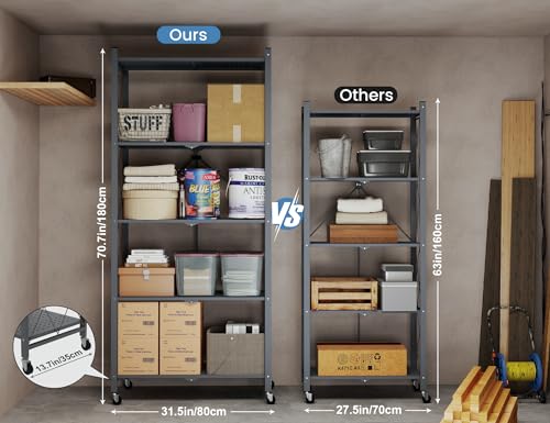 ALANNG 70.7" H Metal Storage Shelves, 5 Tier Folding Storage Shelves on Wheels - color: Grey