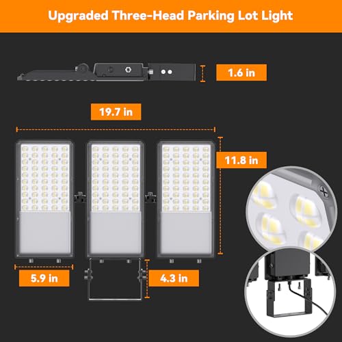 300W Upgraded LED Parking Lot Light with Photocell 45000lm 5000K, ETL, IP66 Waterproof Adjustable 3-Head Commercial Lighting Outdoor, Trunnion Mount, Flood Lights for Roadways, Driveways - color: bracket, size: 300W
