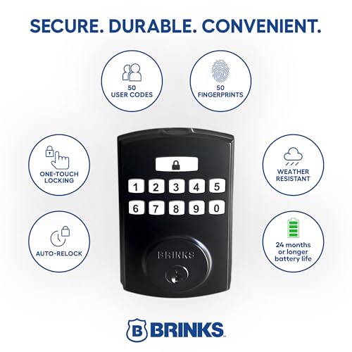 Brinks Fingerprint Door Lock, Keyless Entry Biometric Lock, Electronic Keypad Fingerprint Deadbolt with Auto-Locking, Front Door Lock and Interior Knob Set, Easy Installation, Matte Black - color: Matte Black, style: Deadbolt