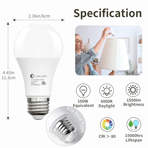 evelor A19 LED Light Bulbs,100 Watt Equivalent,5000K Daylight,4-Packs - color: Daylight 5000k, size: 4 Pcs