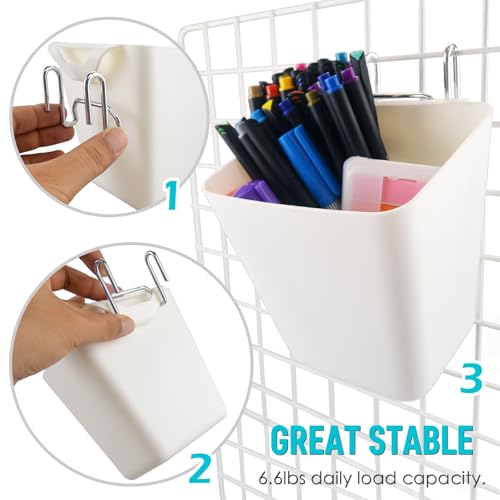 6Pack White Grid Wall Bins Hanging Cups with Back Hook, Gridwall Shelf Bins - color: White