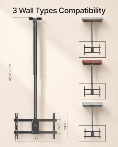 PEGZONE Ceiling TV Mount for 43-86 Inch TVs, 43"-66.5" Height Adjustable - size: 43"-66.5" Pole
