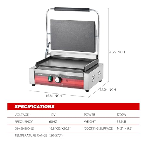EGGKITPO Commercial Electric Panini Grill with Flat Plates Stainless Steel Sandwich Maker 14"× 9.5" Cast Iron Enamel Plate Countertop Panini Press with Temperature Control for Business 110V 1700W - size: 14"×9.5” Smooth Plate