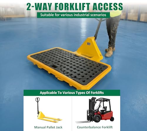 2 Drum Spill Containment Pallet Platform with Drain 18.5 Gallon Sump 51.2x27.2x5.9in 2645 lbs Load Capacity Forkliftable Low Profile Spill Pallet LDPE Containment Tray for Industrial Storage - size: 2 Drum