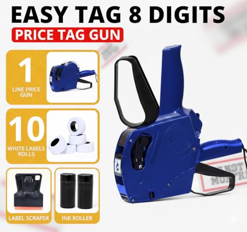 Easy Tag Lite Price Gun, 8 Digits 5500EOS Pricing Gun with 5,000 White Label Stickers, 3 Ink Rollers, 1 Scraper, Price Guns for Retail, Yard Sale (Blue)