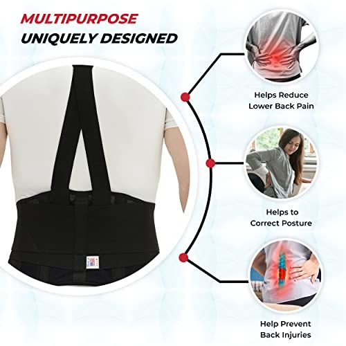 MAXAR Industrial Back Brace for Work, Adjustable Double Pull & Removable Suspenders/Straps, Ideal for Lumbosacral Back Pain Relief & Heavy Lifting, 8" Wide, Unisex (Black, Small) - size: Small