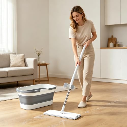 6 Piece Microfiber Flat Mop Cleaning System - color: Gray White