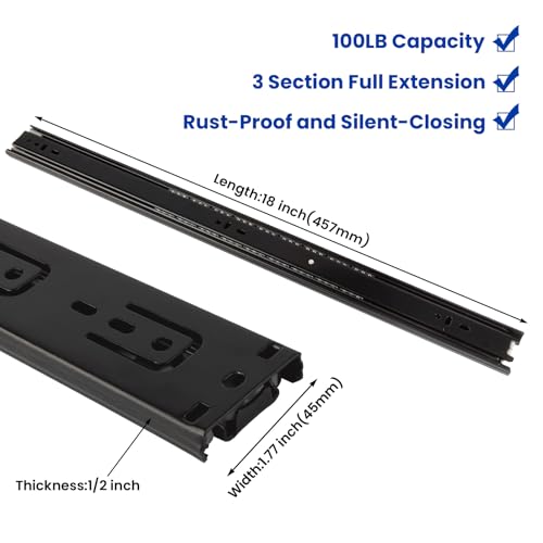 LONTAN 1 Pair Black Side Mount Drawer Slides 18 Inch Heavy Duty Rails - color: Black, size: 18 Inch - Drawer Slide