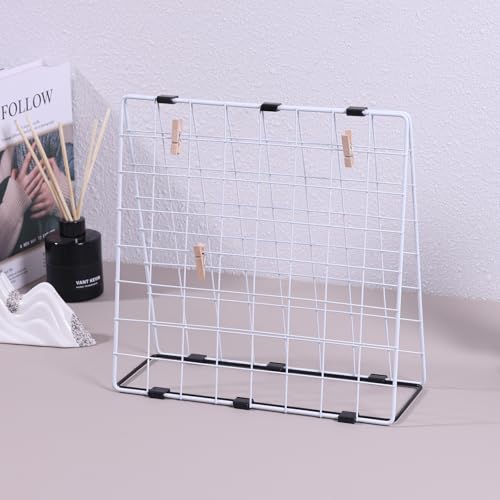 Photo Display Rack, Note Display Rack, Double-sided Photo Metal Rack, Suitable for Use As a Home Desk Photo Organizer, With 20 Wooden Clips, White - color: White