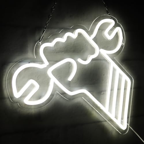Wrench Garage Neon Signs for Wall Decor Neon Lights for Bedroom Led Business Signs Suitable for Garage Christmas Birthday Party Unique Gift for Lover, 5V Power Adapter, 12.2*13.1 Inch (White) - color: Wrench Garage