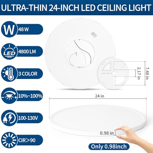 24'' Large Led Flush Mount Ceiling Light Fixture,Ultra Thin,Dimmable,White - color: White, size: 24 inch 1P