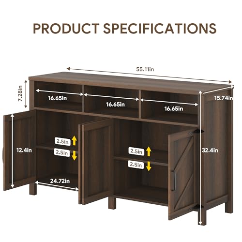 knoworld Buffet Sideboard with Storage Farmhouse, Large Kitchen Storage Cabinet Wood Coffee Bar Cabine Buffet for Kitchen, Living Room, 55in, Brown - color: Brown, size: 55"W