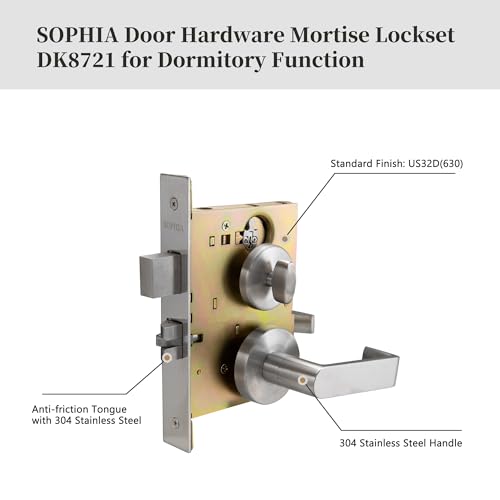 SOPHIA Commercial/Residential Heavy Duty Mortise Lockset Door Lever Lock Non-Handed Grade 1 - Rose Only Keyed Lever Lockset, ADA, US32D Satin Chrome Finish for Dormitory Front Door