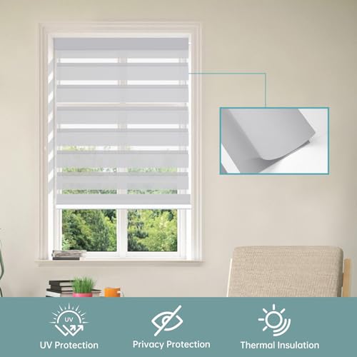 No Drill No Tools Cordless Zebra Blinds for Windows, Day & Night Dual Sheer Roller Shades,Easy Installation,Free-Stop Lift System, Light Filtering Grey Privacy Blinds for Home,Custom Size. - color: Light Charcoal Gray, size: No Drill Installation-Custom S