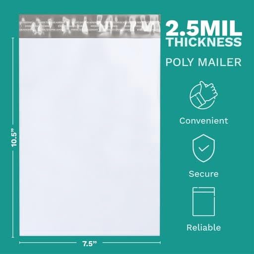 7.5"x10.5" Poly Mailers, 500 Pack, 2.5 Mil, White Self Seal Waterproof, GPI - size: 7.5" x 10.5"