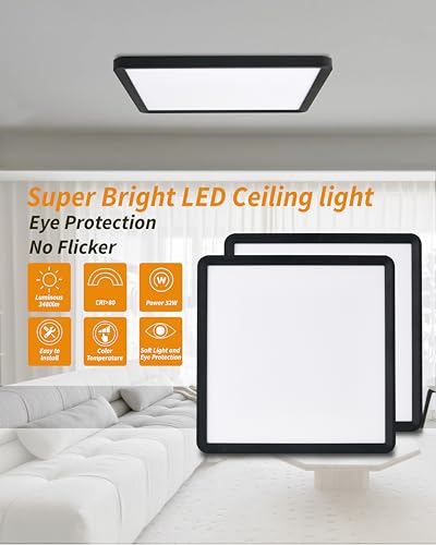 Square Led Flush Mount Ceiling Light,16 Inch 40w 3820lm led Light 3000k,4000k,6000k CCT Selectable,Flat Panel Super Slim Led Ceiling Light Fixture,for Garage Gym Kitchen Pantry Hallway(1Pack-Black) - color: Black, size: 16 Inch 1PK Square 3CCT