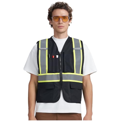 A-KSAFETY High Visibility Safety Vest for Men Women with Pockets and Zipper - color: Black, size: 7X-Large