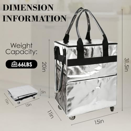 Reusable Grocery Bag on 4 Swivel Wheels, 60L Large Rolling Tote Bag - color: Silver