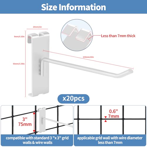 20Pcs Gridwall Hooks, Metal Grid Panel Hanging Peg Hooks, Grid Wall Accessory for Clothes Storage, Home Organization, Retail Display (White, 10"/25Cm) - color: White, size: 10"/25Cm