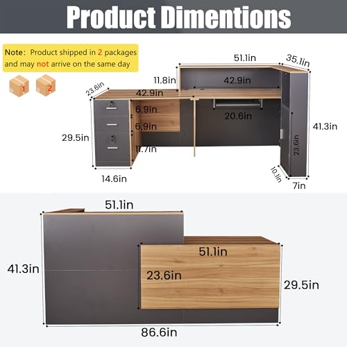 L-Shaped Reception Desk with Lockable Drawers, Adjustable File Cabinet & Keyboard Tray, Modern Front Counter for Office, Salon, or Lobby - color: Left-l Natural Wood/Slate Gray, size: 86.6''L x 23.6''W x 41.3''H