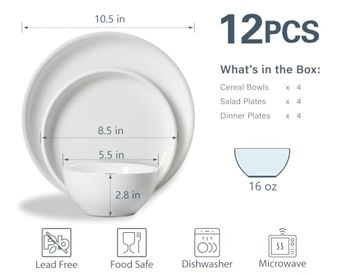 ONEMORE Plates and Bowls Set 12 Pcs,Stoneware Dinnerware Sets for 4 Microwavable,Oven & Dishwasher Safe Porcelain,Scratch Resistant Dishes Set,White - color: White