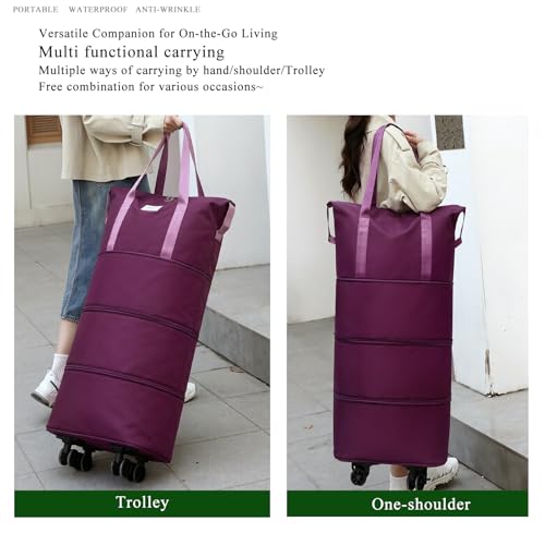 4-in-1 Expandable Rolling Duffel Bag with Detachable Wheels, 28L-80L Collapsible Luggage with Bonus Spare Wheel, Foldable Travel Trolley for Carry-On, Weekend, Shopping & Moving, Deep Purple - color: Deep Purple