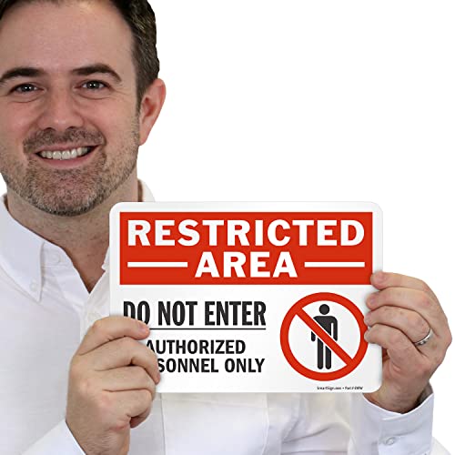 SmartSign 7 x 10 inch “Restricted Area - Do Not Enter, Authorized Personnel Only” Sticker Label with Symbol, 3 mil Laminated Adhesive Polyester, Red, White and Black, Made in USA - style: 7" x 10" - Vinyl