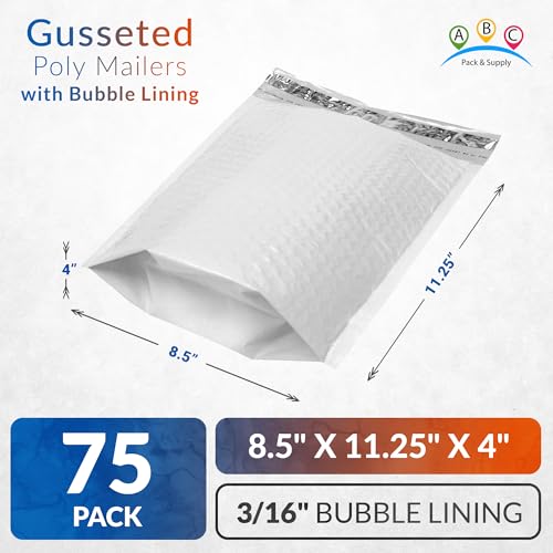 ABC PACK & SUPPLY White Bubble Mailers, 8.5 x 11.25 x 4 Inch, Pack of 75, Waterproof Self-Seal Padded Shipping Envelopes with Bottom Gusset for Secure Packaging - size: 8.5" x 11.25" x 4" / 75 Pack