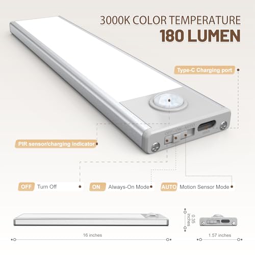 16 inch Under Cabinet Lighting, 6 Pack Motion Sensor Light Indoor Rechargeable Magnetic Closet Lights Battery Operated, Under Counter Lights for Kitchen, Wardrobe, Hallway, Stairs Warm White Light - color: Warm White Light, size: 16inch