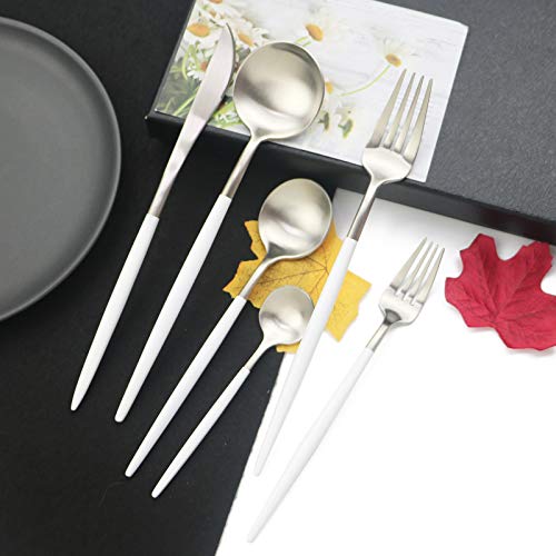 JASHII 18/10 White Handle Flatware Silver Silverware Set 304 Stainless Steel Flatware Cutlery Set| 24-Piece Adaline Royal Modern Satin Finish| BEST Birthday Wedding Gift (White Handle Matte Silver) - color: White Silver, size: Service for 4