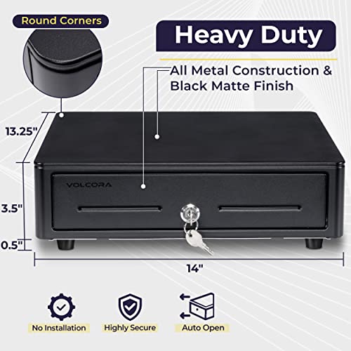Volcora Cash Register Drawer for (POS) Point of Sale System with Round Corner 13", Removable Coin Tray, 4 Bill/5 Coin, 12-24V, RJ11/RJ12 Key-Lock, Media Slot,Cash Till for Businesses, Black - color: Black