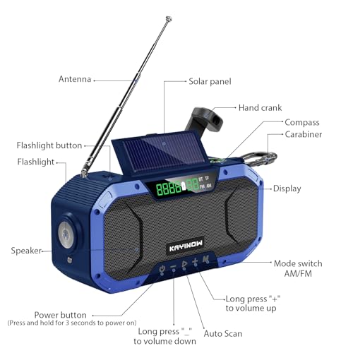 KAYINOW Emergency NOAA Weather Radio, Solar Hand Crank FM AM Radio with Bluetooth Speaker, 5000mAh/18500mWh Battery Powered, Flashlight, IPX5 Waterproof, SOS Alarm for Survival Hurricane Camping - color: Blue