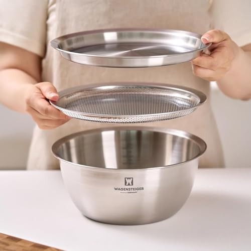WAGENSTEIGER 3-Piece Stainless Steel Mixing Bowl Set with Strainer & Oil Drain Tray – Nesting Prep & Baking Bowls with Measurement Marks (8.66 in) - size: 8.66 in