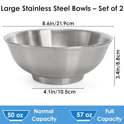 Youeon 2 Pcs 50 Oz Brushed SUS304 Stainless Steel Bowls, Double Wall Insulated Bowls, Large Stainless Steel Soup Bowl for Pasta, Salad, Ramen, 8 Inch Bowl Set for Serving, Dishwasher Safe