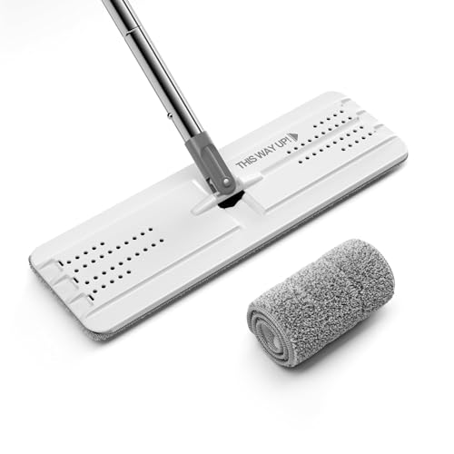 JOYMOOP Flat Mop with Microfiber Pad, 50" Handle and Flexible 13" Head for Floor Cleaning, White - color: White Grey
