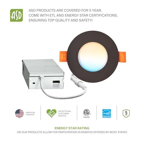 ASD 6 Pack 3 Inch LED Recessed Light 6W, 5 CCT 2700K-5000K CRI90+, IC Rated Ultra Thin Dimmable Ceiling Lights with J Box, Canless Wafer Downlight, Round Slim Panel Lighting, Energy Star ETL, Bronze - color: Bronze, size: 3 Inch 6 Pack