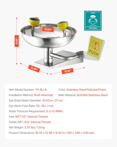 VEVOR Emergency Eye Wash Station, Stainless Steel Wall-Mounted Eyewash Unit, First Aid Eye Wash Sink 16.14 x 12.99 x 9.45 Inches, Ideal for Laboratories, Factories, Schools, Construction Sites - style: Wall-Mounted Eyewash Unit