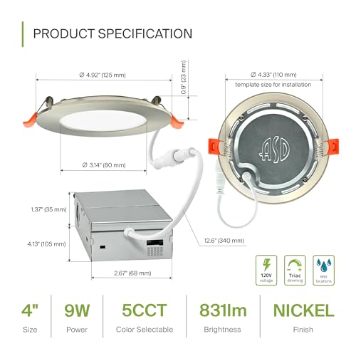 ASD 6 Pack LED Recessed Lighting 4 Inch 9W, 5 CCT 2700K-5000K CRI90+, IC Rated Ultra Thin Dimmable Ceiling Lights with J Box, Canless Wafer Downlight, Round Slim Panel Light, Energy Star ETL, Nickel - color: Nickel, size: 4 Inch 6 Pack
