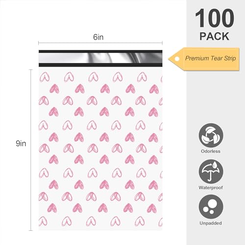 JinRuiKJ 6x9 Boutique Poly Mailers 100 Pack, Pink Hearts Design - color: Pink Heart, size: 6x9'' - 100 Pack